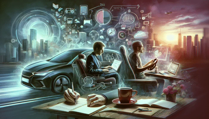 Person managing multiple part-time jobs: driving, writing, and tutoring, integrated into daily life.