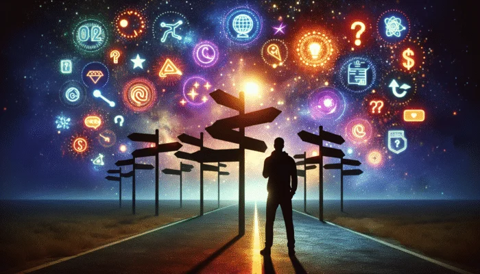 A person at a crossroads choosing from illuminated side hustle signs under a starry sky.