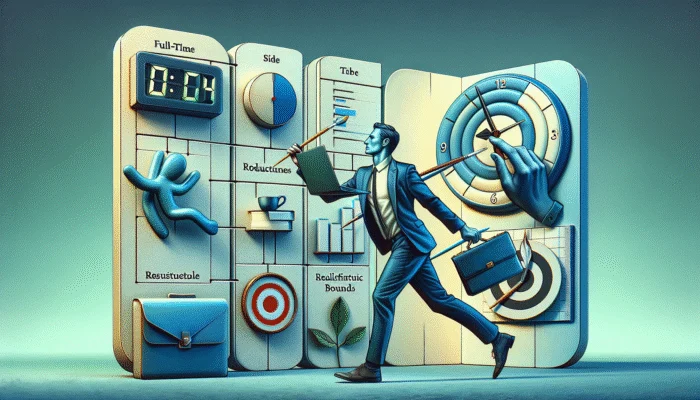 Person balancing full-time job and side hustle using digital calendar for effective time management.