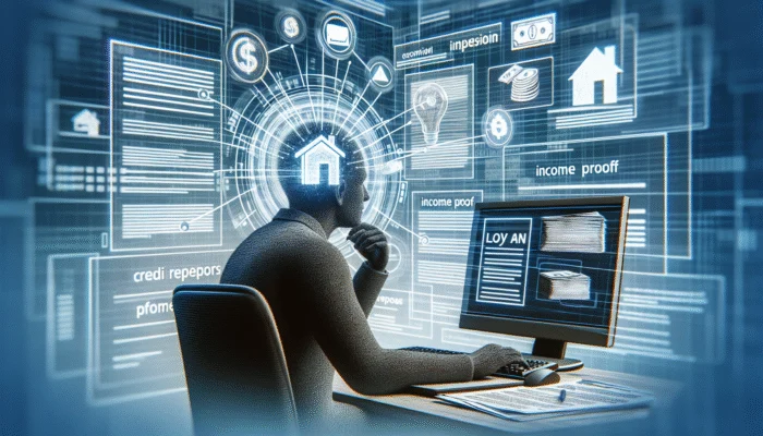 Person researching loan options on computer, surrounded by documents and loan offers on screen.