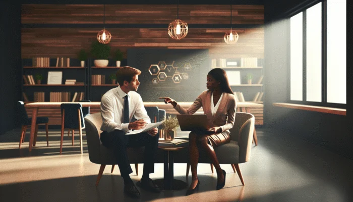 Financial advisor and client reviewing loan documents in a cozy Mississippi office.