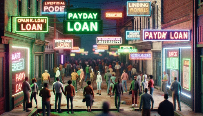 Payday loan signs on a busy Mississippi street, people entering offices with varied expressions.
