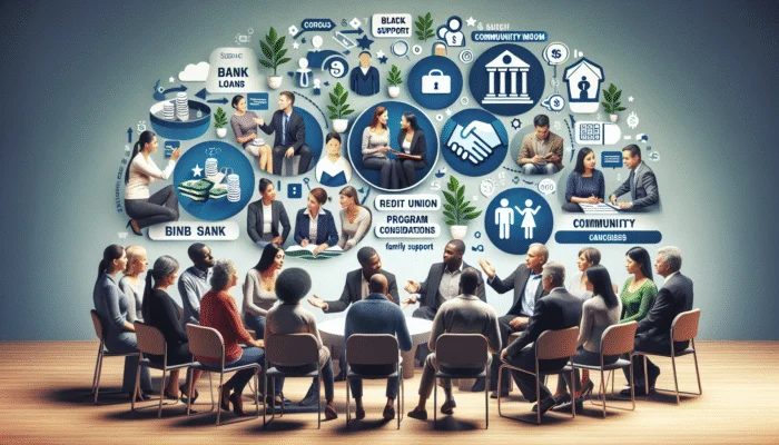 A diverse group exploring financial options like bank loans, credit unions, family support, and community programs in a supportive setting.