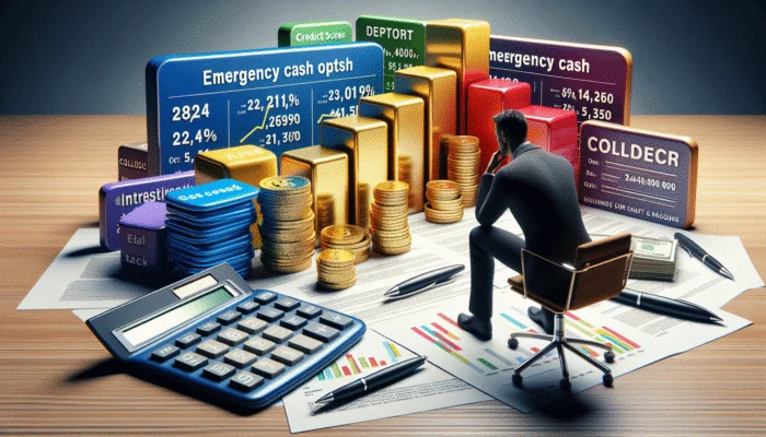 Person at desk analyzing emergency cash options with financial documents, calculator, graphs, and charts.