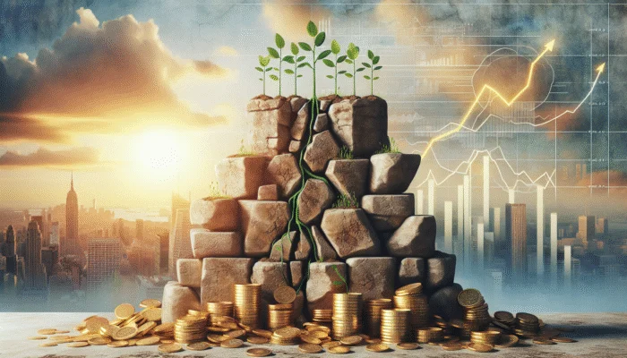 A sturdy stone foundation with gold coins and green sprouts, symbolizing financial stability at sunrise.