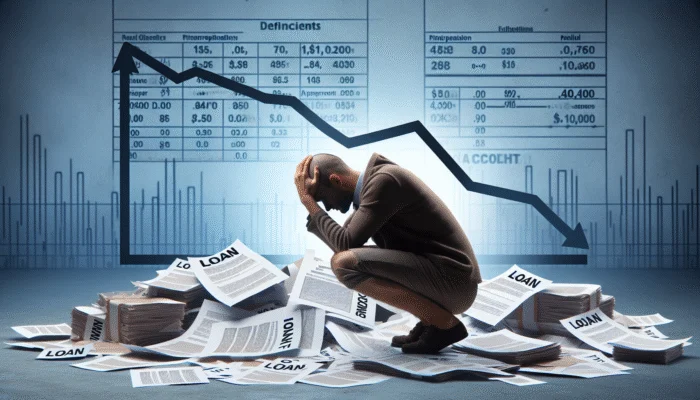 A distressed person with scattered loan papers and a falling credit score graph, illustrating the negative effects of payday loans in Mississippi.