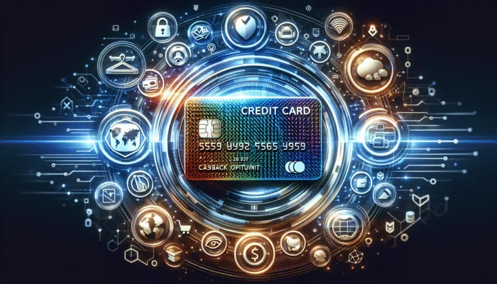 Sleek credit card with holographic details, surrounded by travel rewards, cashback, and security icons on a vibrant financial data background.
