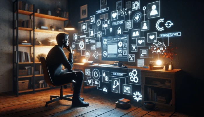 A person comparing online platforms on a computer, with icons for content, reviews, features, and reputation, in a cozy office.