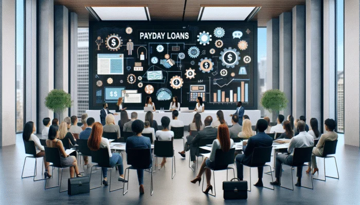 Diverse financial experts leading a webinar on payday loans in a modern conference room with engaged attendees.