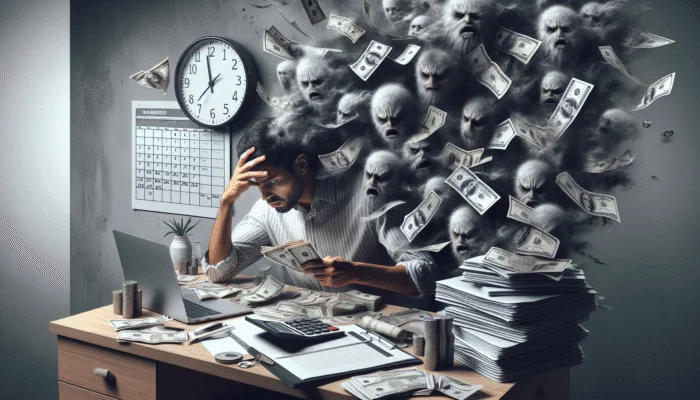 A person counting money with a worried look at a cluttered desk with financial papers and a calendar showing due dates.