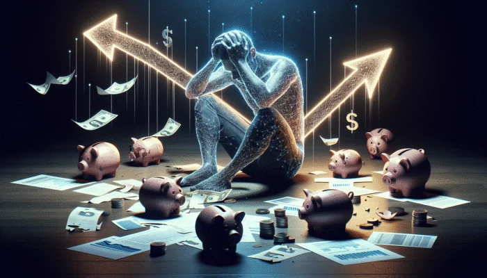 A person overwhelmed by financial documents and high-interest rate notices, surrounded by symbols of debt like broken piggy banks and a downward trending credit score graph, illustrating the risks of payday loans.