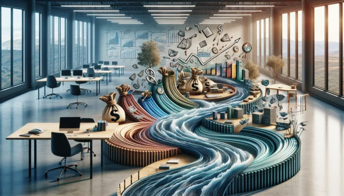A financial chart showing income streams and loan repayment allocations in a modern office setting.