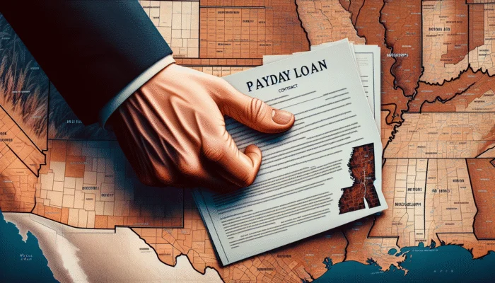 Hand holding Payday Loan contract with Mississippi map background showing high loan activity areas.