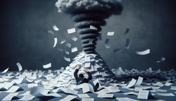 A person overwhelmed by towering payday loan bills, with high interest rates spiraling into a dark cloud, symbolizing debt cycle.