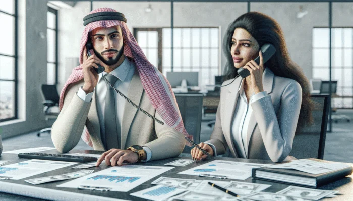 Person at desk with financial documents, discussing loan terms on phone, hopeful, well-lit office.