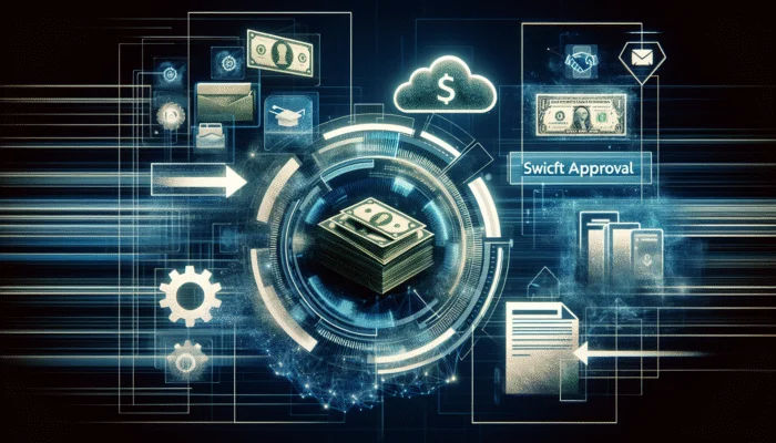 A digital interface showing quick payday loan approval with transparent terms and low fees, replacing traditional bank paperwork.