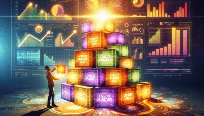 Person building credit score tower with "Credit Builder Loan" blocks, financial graphs, and rising sun.