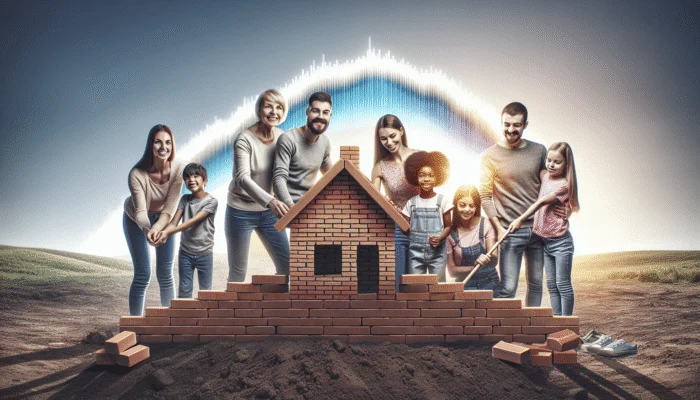 Mississippi family building financial foundation, symbolized by brick house, with rising credit scores graph.