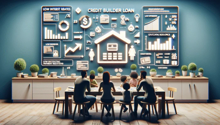 A Mississippi family at a kitchen table, reviewing credit builder loan documents with financial charts and educational resources, focusing on low interest rates and flexible payment options.