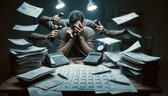 A distressed person receiving urgent calls and emails from a lender, surrounded by overdue bills in a cluttered room.
