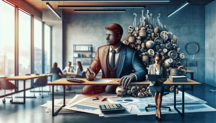 A person in a suit discussing loan terms with a lender at a desk, surrounded by financial documents.