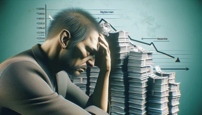 Person overwhelmed by financial stress amidst towering payday loan bills, with declining credit score graph.