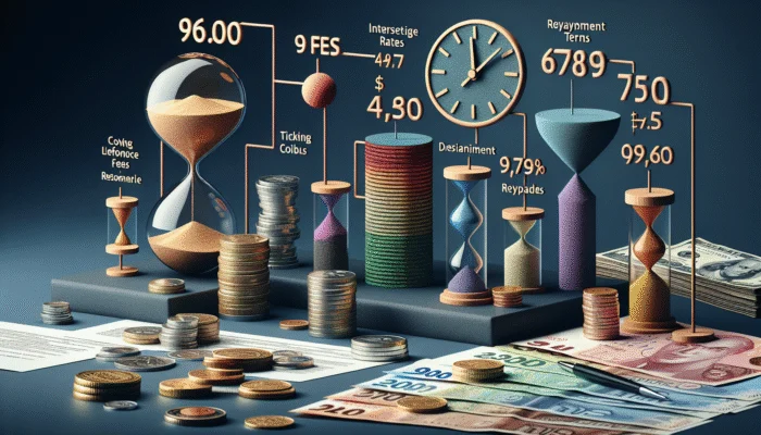 Infographic showing payday loan finance charges, interest rates, fees, and repayment terms with financial documents and currency.