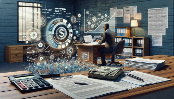 Expert analyzing payday loan finance charges with chart, calculator, and legal documents in Mississippi office.