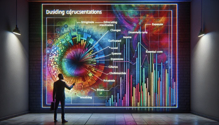 A person adjusting a colorful budget chart on a digital screen, showing income and expense changes.