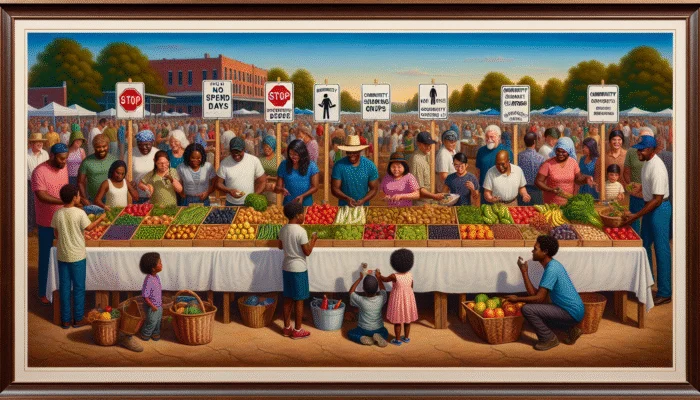 Diverse Mississippi residents at a farmers' market, choosing fresh produce, with 'no-spend days' and community sharing signs.