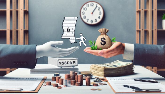 Person receiving financial guidance with documents and Mississippi map, illustrating payday loan assistance.