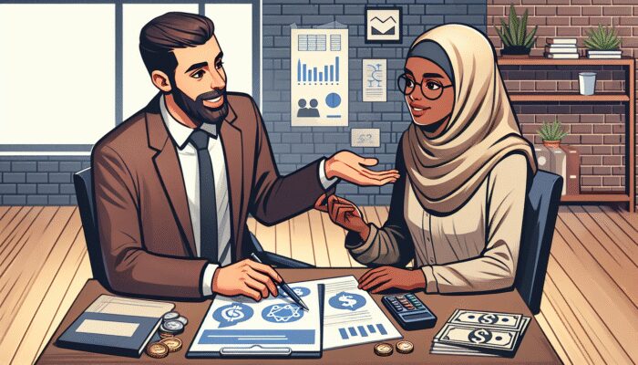 Financial counselor guiding client through budget plan with charts in cozy office.