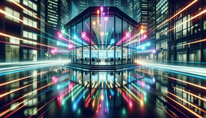 A modern office with a "Payday Loans" neon sign, reflecting on a rainy city street at night.