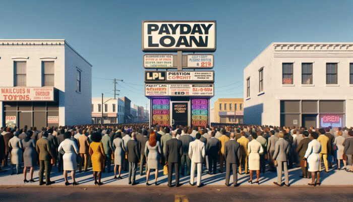 A busy Mississippi street with a licensed payday loan office, showing loan terms and diverse borrowers reviewing documents.