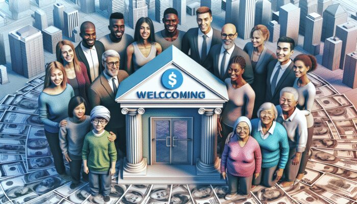 A diverse group of Mississippi newcomers at a lender's office with a "No Credit Check" sign, symbolizing financial relief.