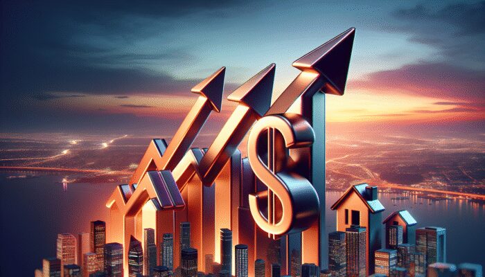 Graph of rising interest rates affecting housing and finance sectors, city skyline at dusk.