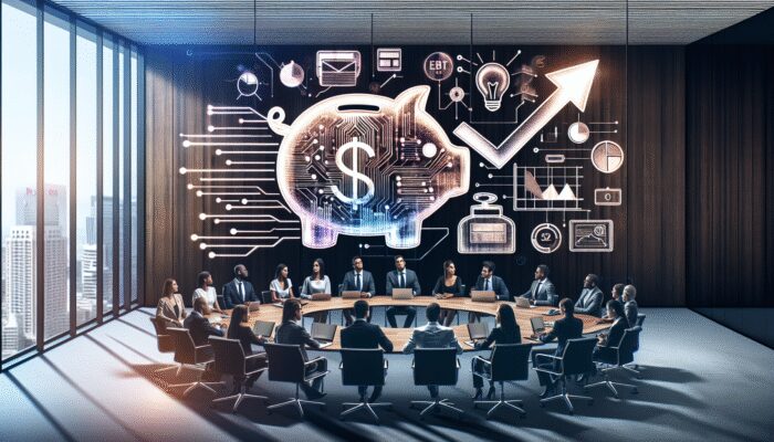 Financial experts discussing trends with graphs and digital screens in a modern conference room.