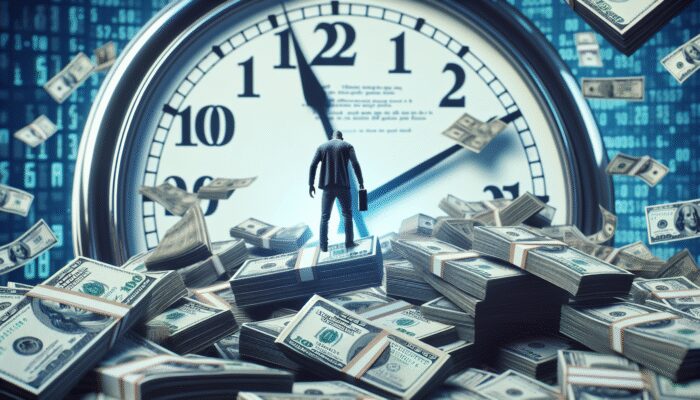 Person trapped in cycle with money, loans, and ticking clock, illustrating payday loan pressure.