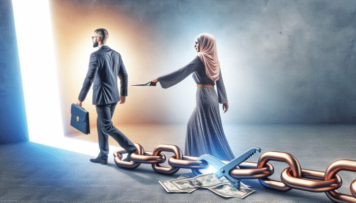 Person cutting 'Payday Loan Cycle' chain, with financial documents and counselor pointing to a clear path forward.