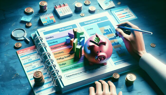 Person tracking expenses in a colorful budget planner, surrounded by symbols of mindful spending.