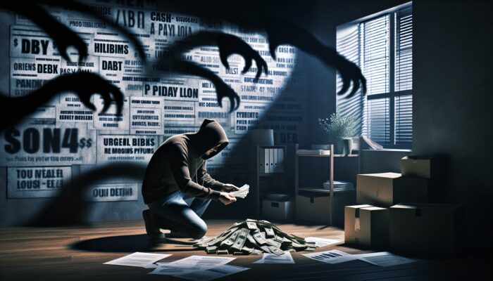 Person in a dimly lit room counting cash, surrounded by bills and shadows, symbolizing financial stress and debt cycles.