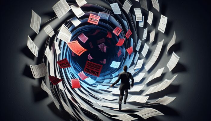 Person trapped in debt cycle, surrounded by bills and high-interest notices, facing legal action and credit damage.