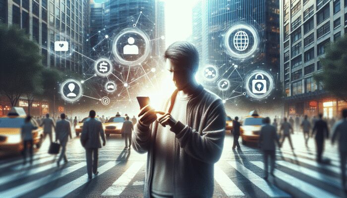 Person in city using smartphone to sign up for side hustle apps like Uber, Lyft, Upwork, Fiverr.