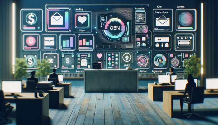 A modern digital interface with lending app icons contrasted with an old-fashioned payday loan office.