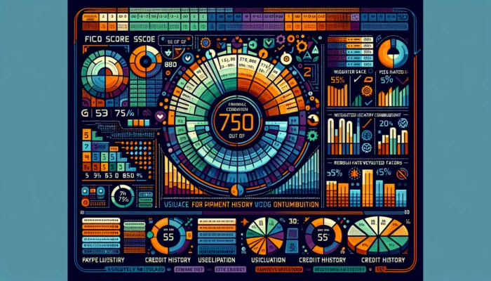 A digital dashboard showing a FICO score of 750 out of 850, with pie charts for payment history (35%), credit utilization (30%), and credit history (15%).
