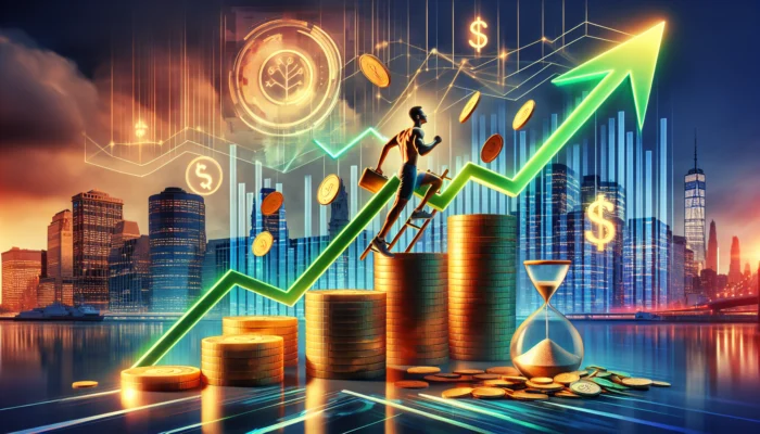 A person climbing a ladder of golden coins and credit cards, with a graph showing credit score rising from 580 to 720 in a US city at dawn.