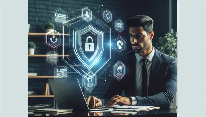 Determined individual in modern home office reviews credit report on laptop, surrounded by holographic TransUnion and AnnualCreditReport icons under a privacy shield.