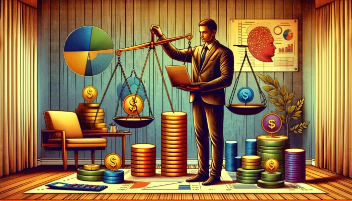 A focused individual in a cozy Mississippi home office reviews a budget chart with colorful icons and balances coins on a scale.