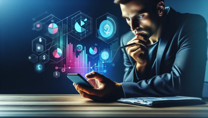 A professional at a modern desk views a smartphone budgeting app with colorful pie charts, expense categories, progress bars, and alerts, surrounded by floating money symbols.