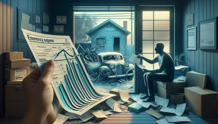 A stressed person in a modest Mississippi home, surrounded by bills, medical documents, and a broken car view, studies a financial chart.